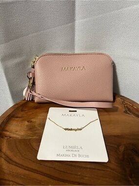 Lumiela "Makayla" Personalized Necklace Nickel Free Gold Color & Pink Wristlet